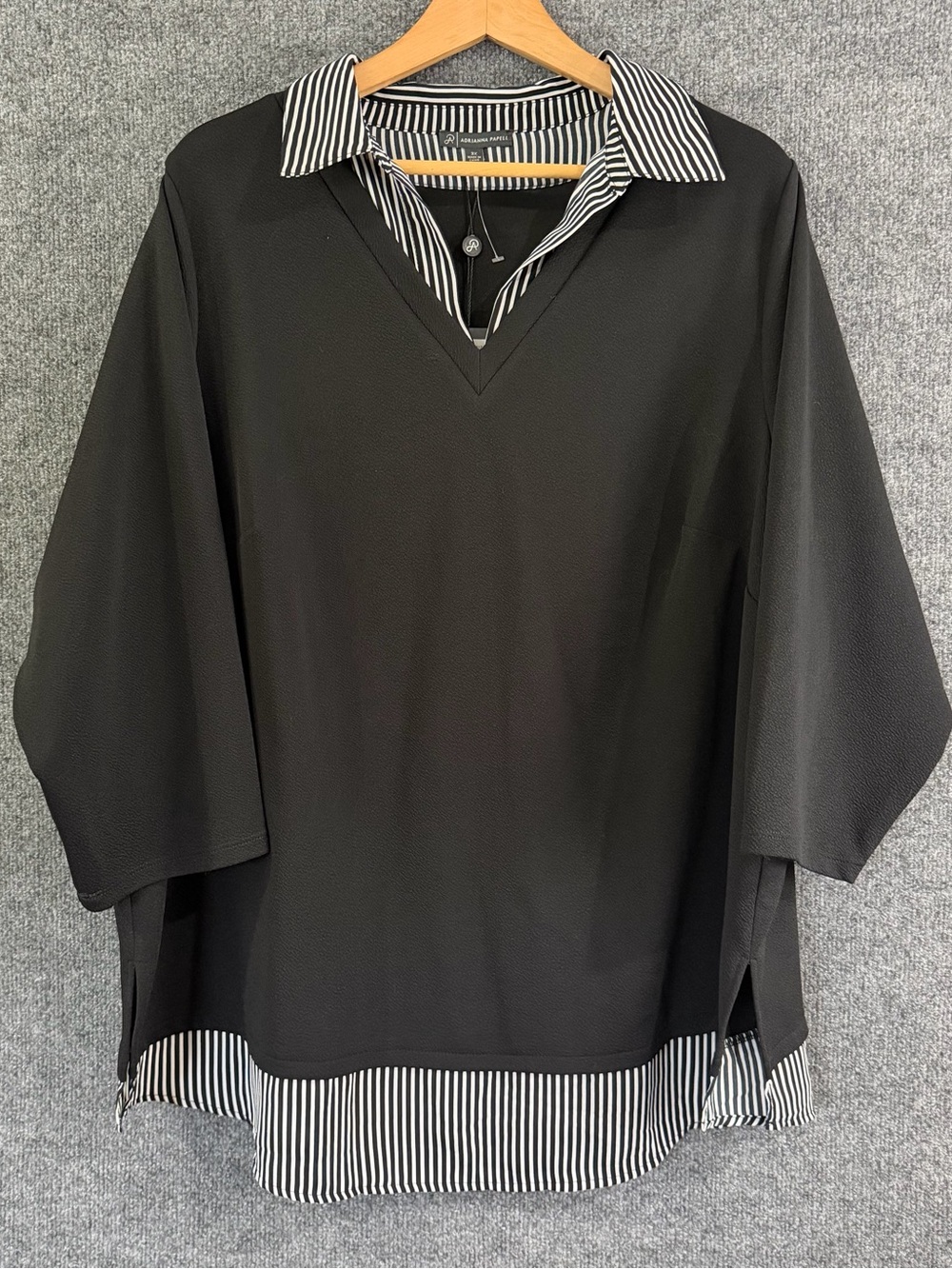 Adrianna Papell Womens 3X Layered Look Blouse Stripe V Neck Collar Shirt Office